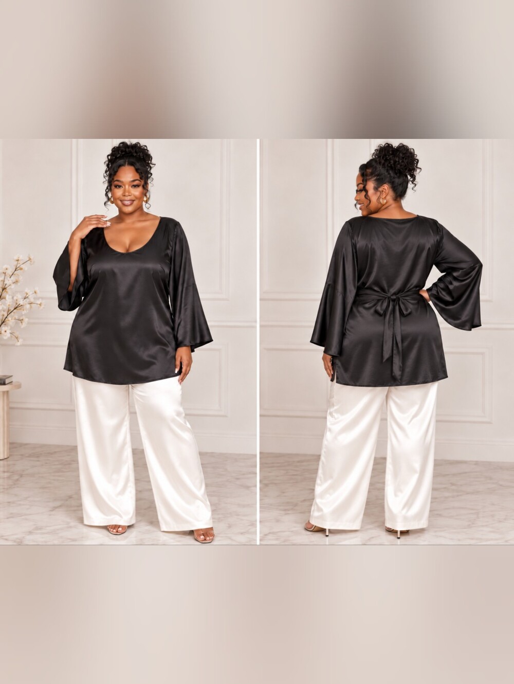 Ashley Stewart Black Satin Scoop-Neck Tunic with Back Tie